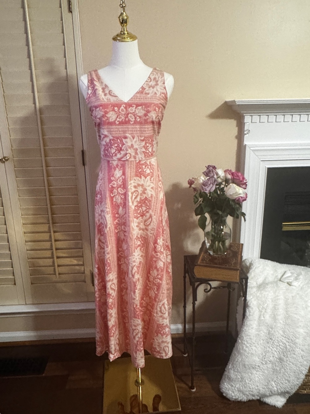 Chaps Coral Pink and Cream V-Neck Maxi Dress